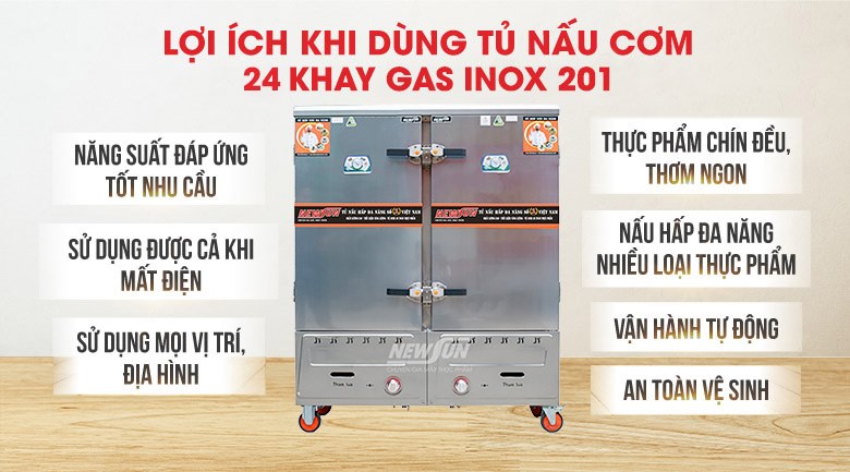 Lợi ích khi sử dụng tủ nấu cơm 24 khay dùng gas inox 201 (96kg gạo/mẻ)