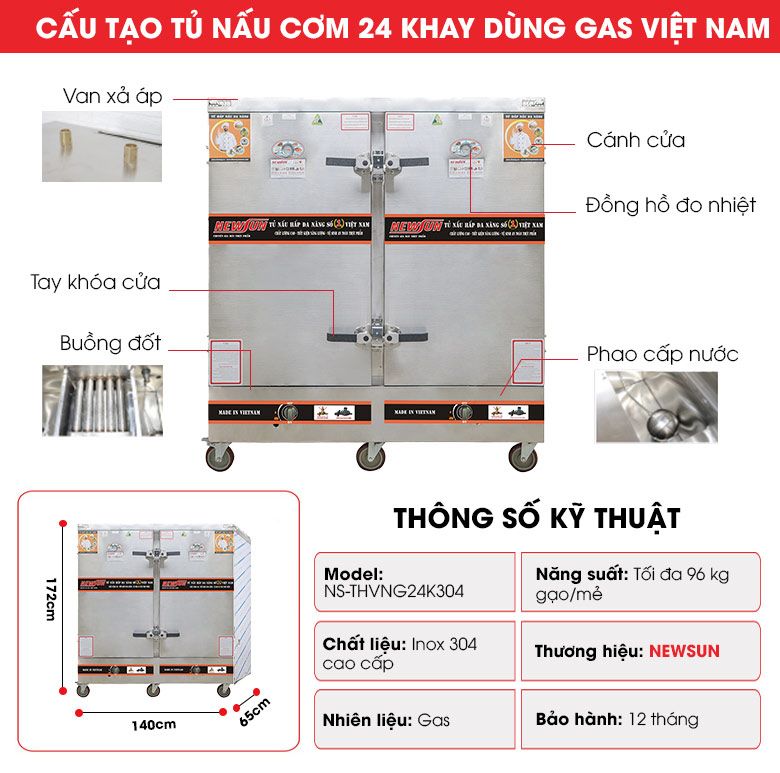 Cấu tạo tủ nấu cơm 24 khay dùng gas Việt Nam