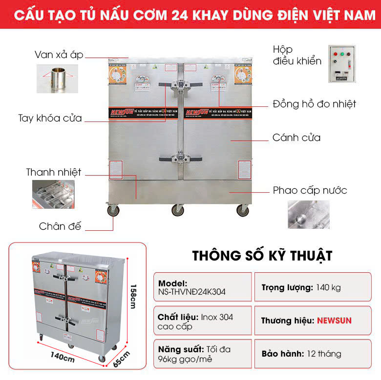 Cấu tạo tủ nấu cơm 24 khay dùng điện