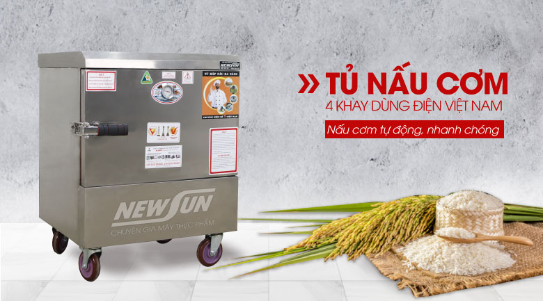 Tủ nấu cơm công nghiệp 4 khay dùng điện Việt Nam (16kg gạo/mẻ)
