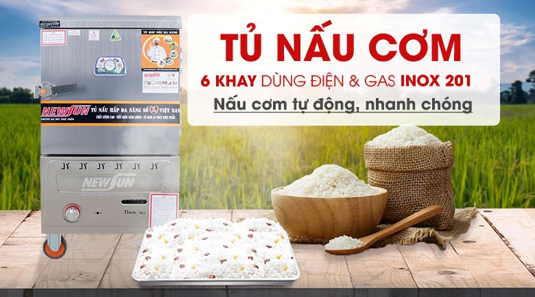 Tủ nấu cơm 6 khay dùng điện & gas inox 201 (24kg gạo/mẻ)