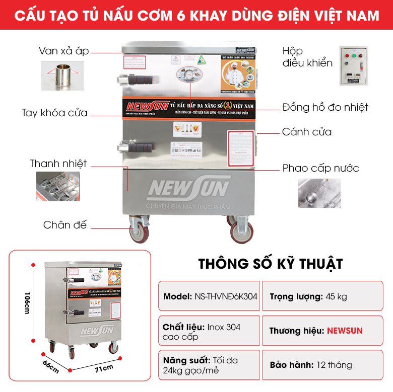 Cấu tạo tủ nấu cơm 6 khay dùng điện Việt Nam
