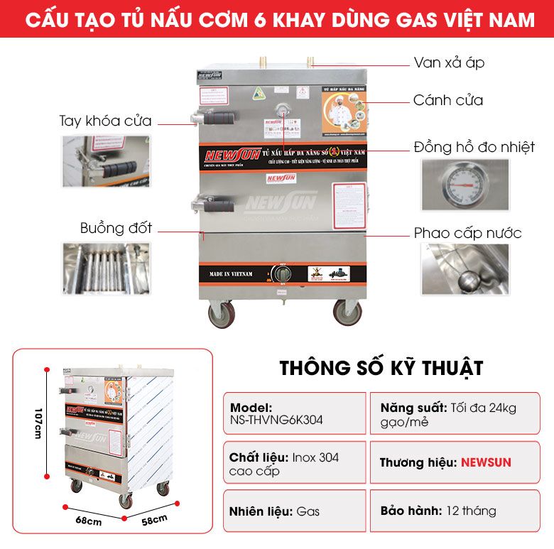 Cấu tạo tủ nấu cơm 6 khay dùng gas Việt Nam