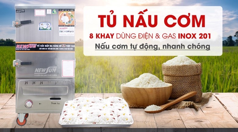 Tủ nấu cơm 8 khay dùng điện & gas inox 201 (32kg gạo/mẻ)
