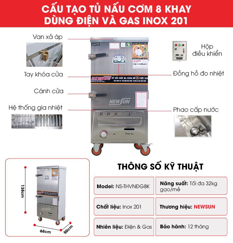 Cấu tạo tủ nấu cơm 8 khay dùng điện & gas inox 201 (32kg gạo/mẻ)