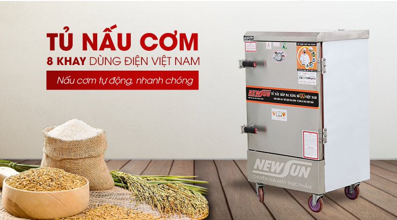 Tủ nấu cơm công nghiệp 8 khay dùng điện Việt Nam (32kg gạo/mẻ)