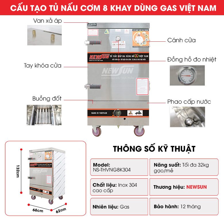 Cấu tạo tủ nấu cơm 8 khay dùng gas Việt Nam