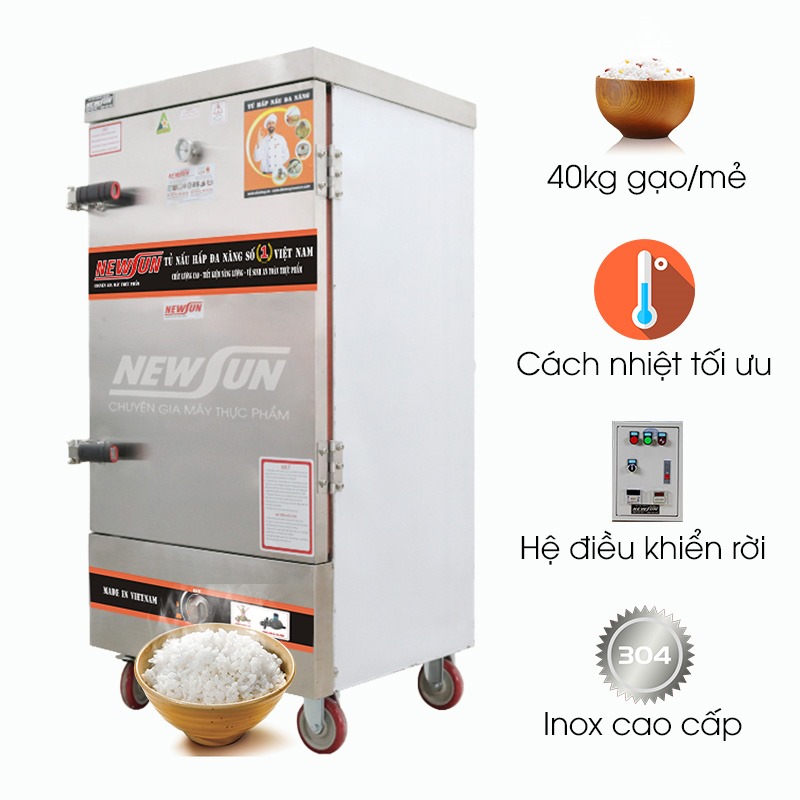 Tủ nấu cơm 10 khay dùng điện và gas Việt Nam (40kg gạo/mẻ)