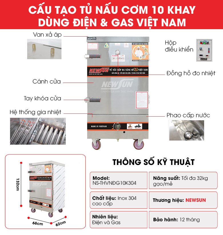 Cấu tạo tủ nấu cơm 10 khay dùng điện & gas Việt Nam (40kg gạo/mẻ)