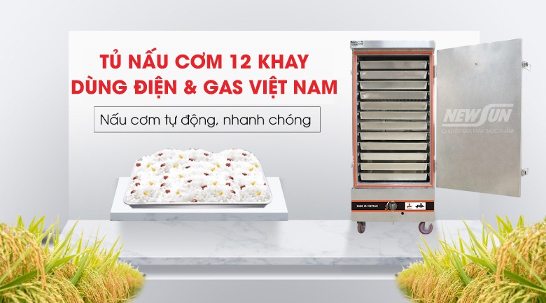Tủ nấu cơm 12 khay dùng điện & gas Việt Nam (48kg gạo/mẻ)
