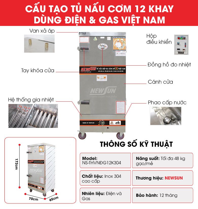 Cấu tạo tủ nấu cơm 12 khay dùng điện & gas Việt Nam (48kg gạo/mẻ)
