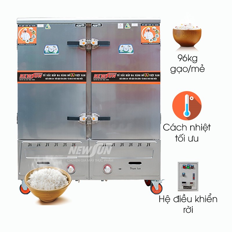 Tủ nấu cơm 24 khay dùng điện và gas inox 201 (96kg gạo/mẻ)