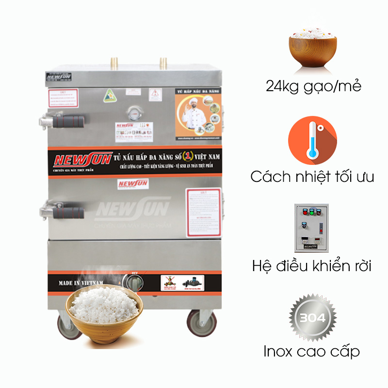 Tủ nấu cơm 6 khay dùng điện và gas Việt Nam (24kg gạo/mẻ)