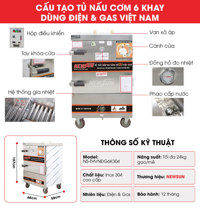 Cấu tạo tủ nấu cơm 6 khay dùng điện & gas Việt Nam (24kg gạo/mẻ)