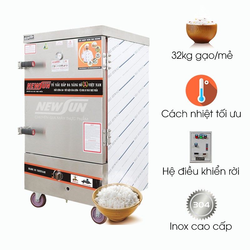 Tủ nấu cơm 8 khay dùng điện và gas Việt Nam (32kg gạo/mẻ)