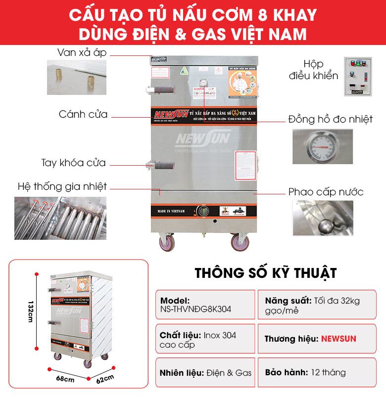Cấu tạo tủ nấu cơm 8 khay dùng điện & gas Việt Nam (32kg gạo/mẻ)