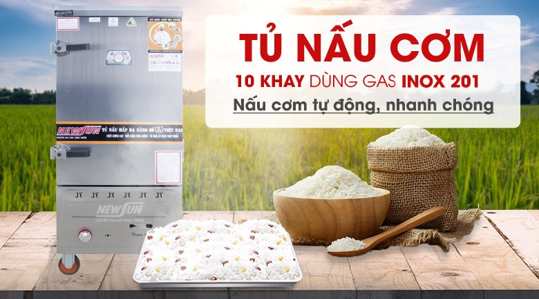 Tủ nấu cơm 10 khay dùng gas inox 201 (40kg gạo/mẻ)