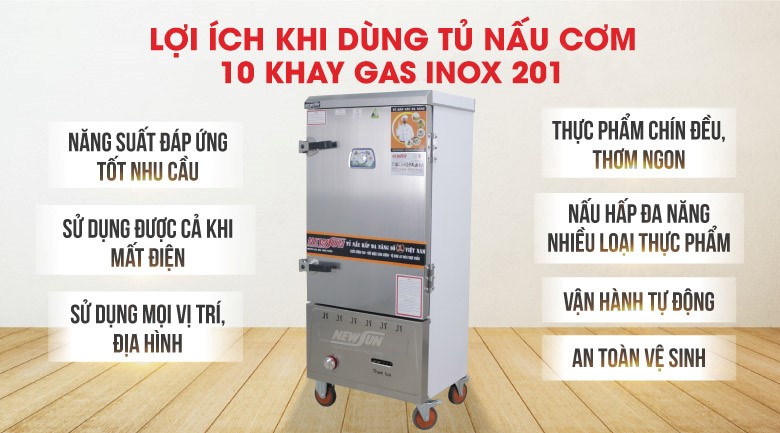 Lợi ích khi sử dụng tủ nấu cơm 10 khay dùng gas inox 201 (40kg gạo/mẻ)