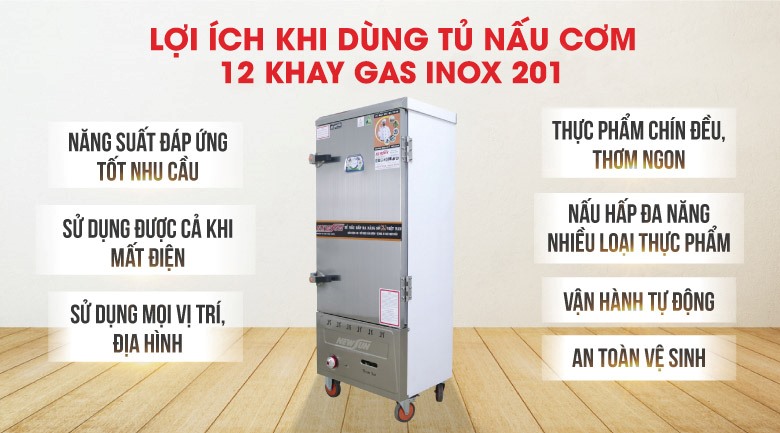 Lợi ích khi sử dụng tủ nấu cơm 12 khay dùng gas inox 201 (48kg gạo/mẻ)