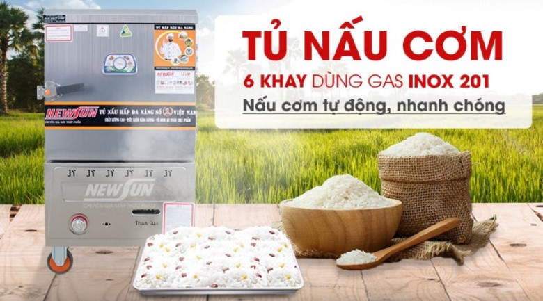 Tủ nấu cơm 6 khay dùng gas inox 201 (24kg gạo/mẻ)