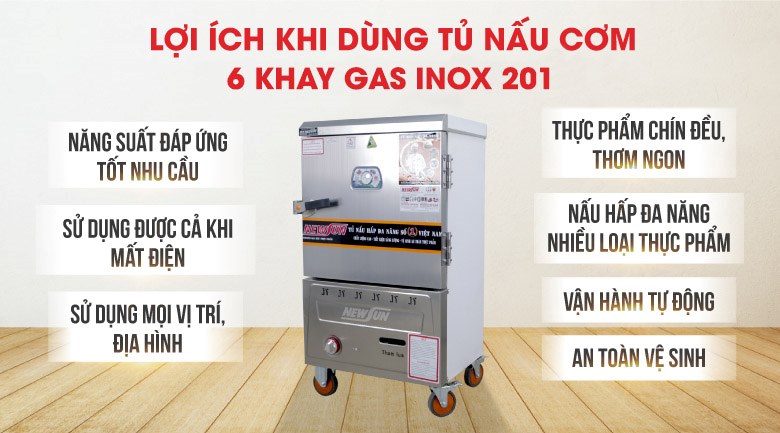 Lợi ích khi sử dụng tủ nấu cơm 6 khay dùng gas inox 201 (24kg gạo/mẻ)
