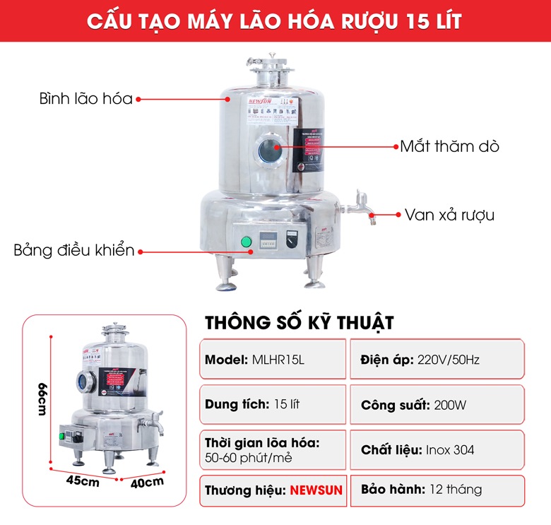 Cấu tạo máy làm già tuổi rượu 15 lít