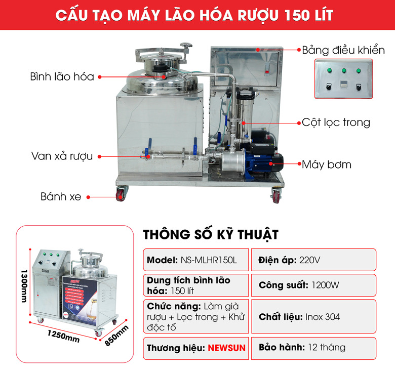 Cấu tạo của máy lão hóa rượu 150 lít