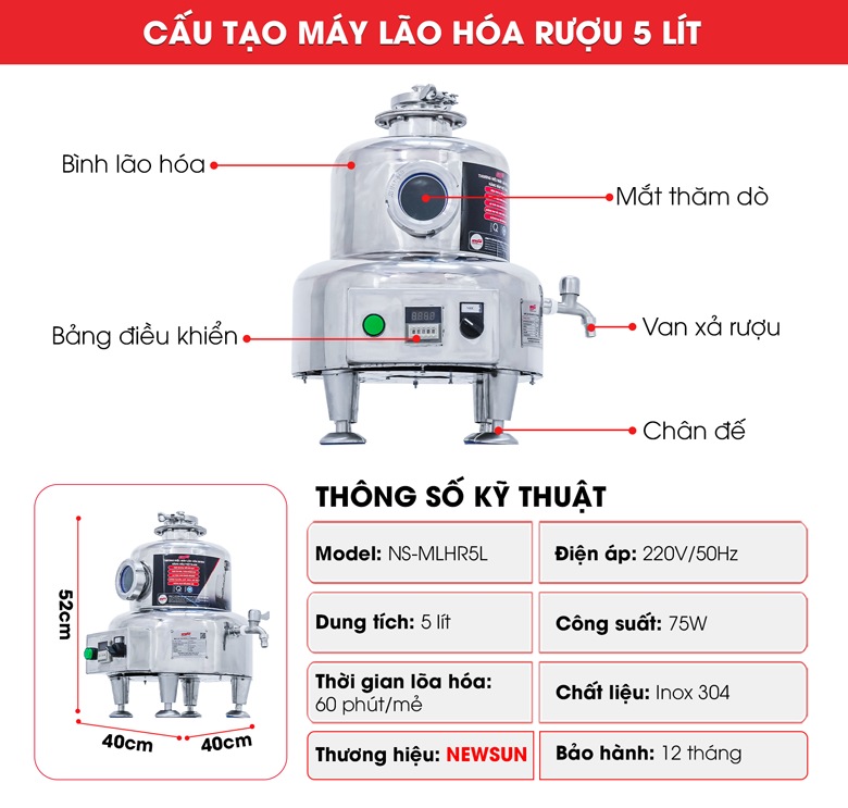 Cấu tạo máy lão hóa rượu 5 lít