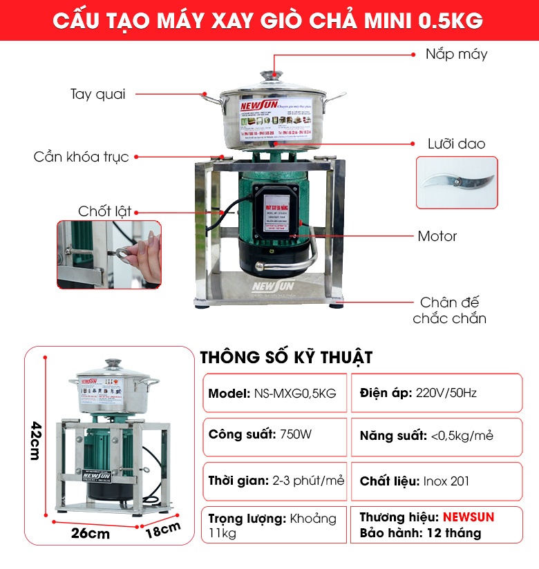 Cấu tạo máy xay giò chả mini 0,5kg/mẻ Cấu tạo máy xay giò chả mini 0,5kg/mẻ