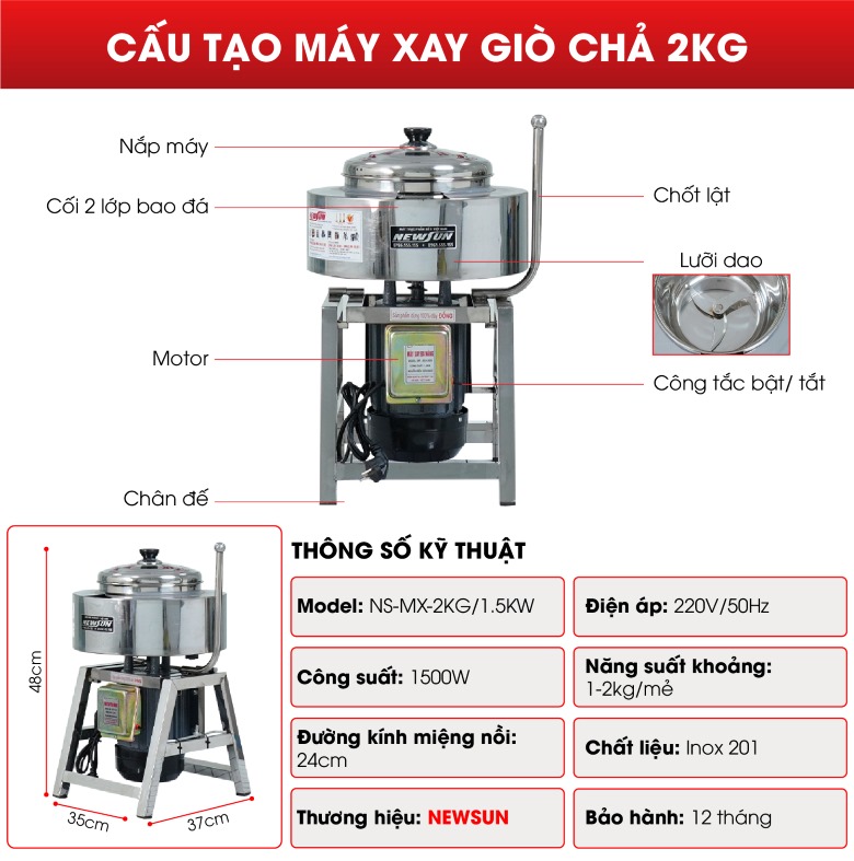 Cấu tạo máy xay giò chả 2kg/mẻ