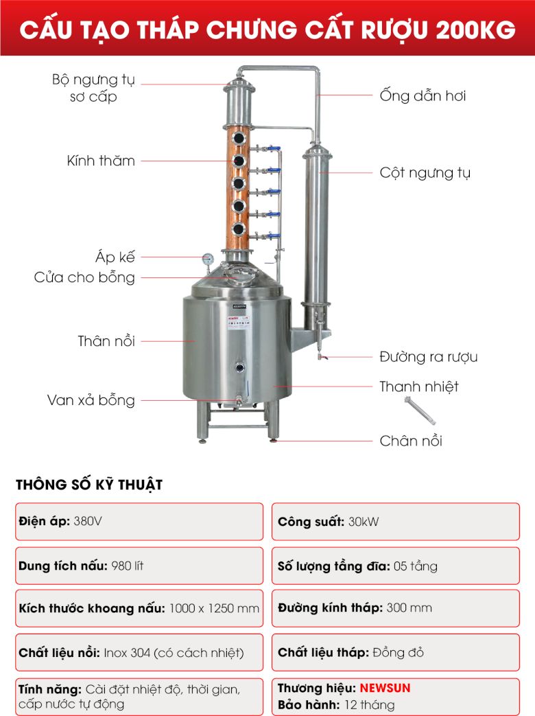 Cấu tạo tháp chưng cất rượu 200kg Cấu tạo tháp chưng cất rượu 200kg