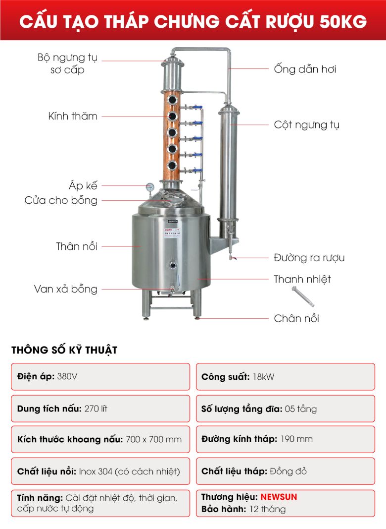 Cấu tạo tháp chưng cất rượu 50kg Cấu tạo tháp chưng cất rượu 50kg