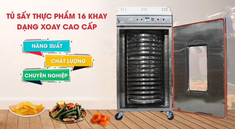 Tủ sấy thực phẩm 16 khay xoay Việt Nam inox 304