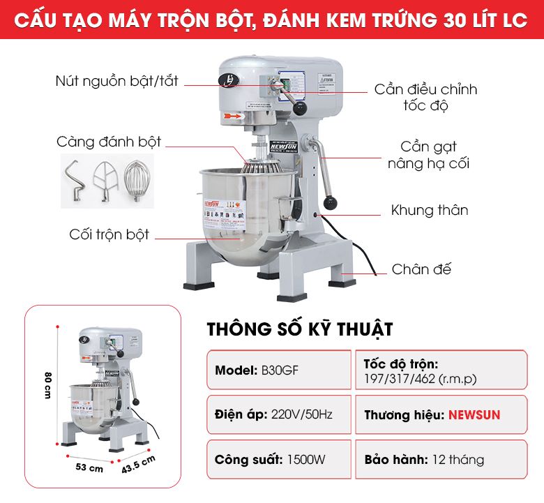 Cấu tạo máy trộn bột đánh kem trứng LC 30 lít