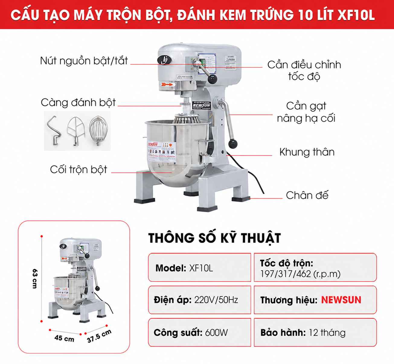 Cấu tạo máy trộn bột đánh kem trứng LC 10 lít