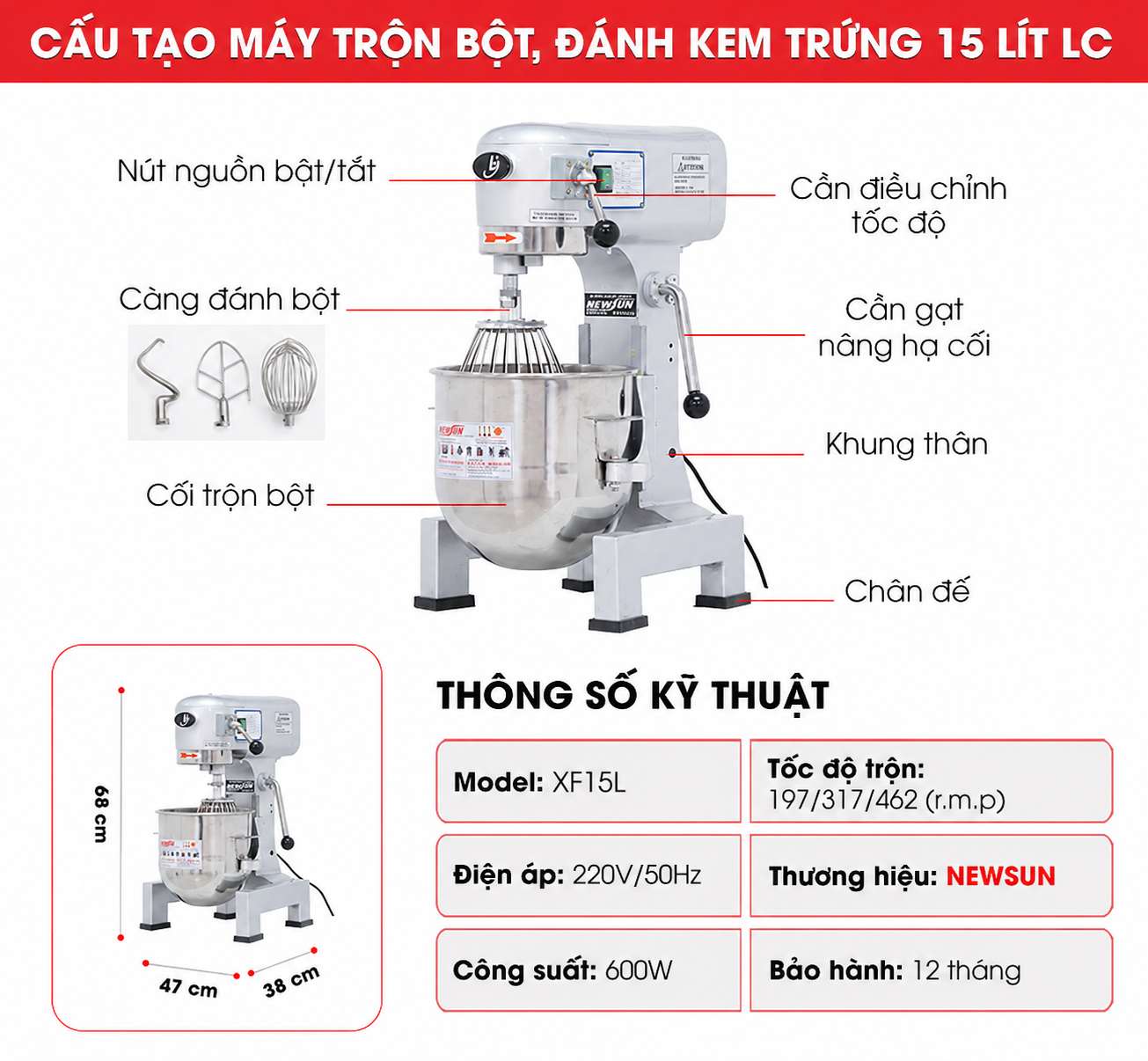 Cấu tạo máy trộn bột đánh kem trứng LC 15 lít