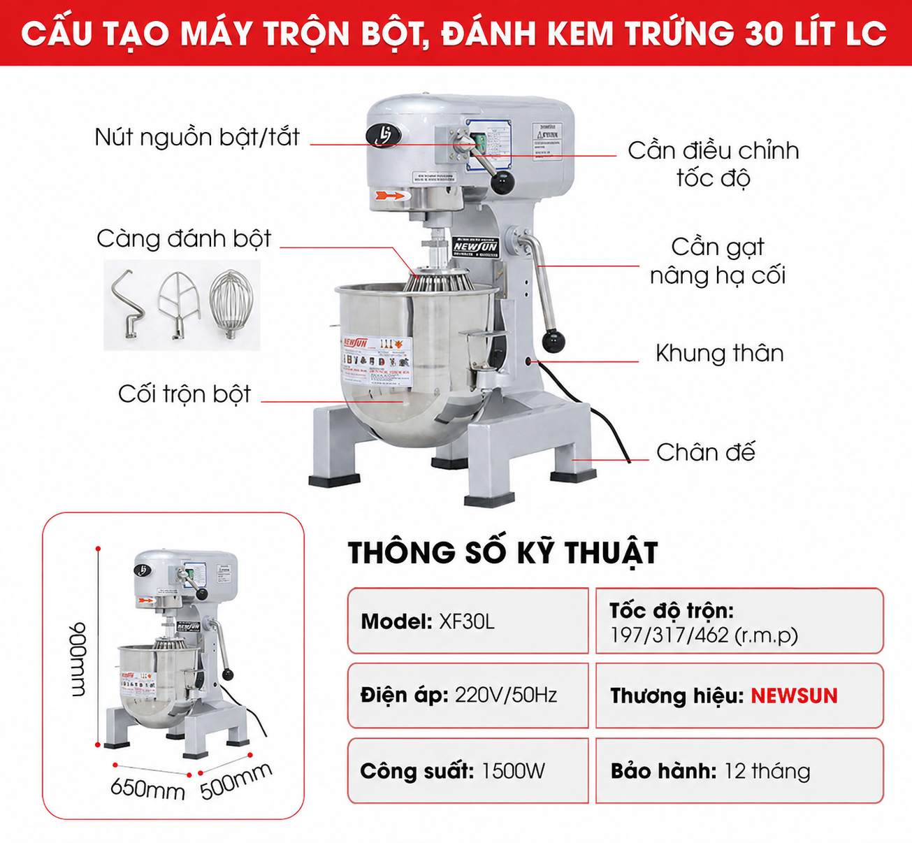 Cấu tạo máy trộn bột đánh kem trứng LC 30 lít