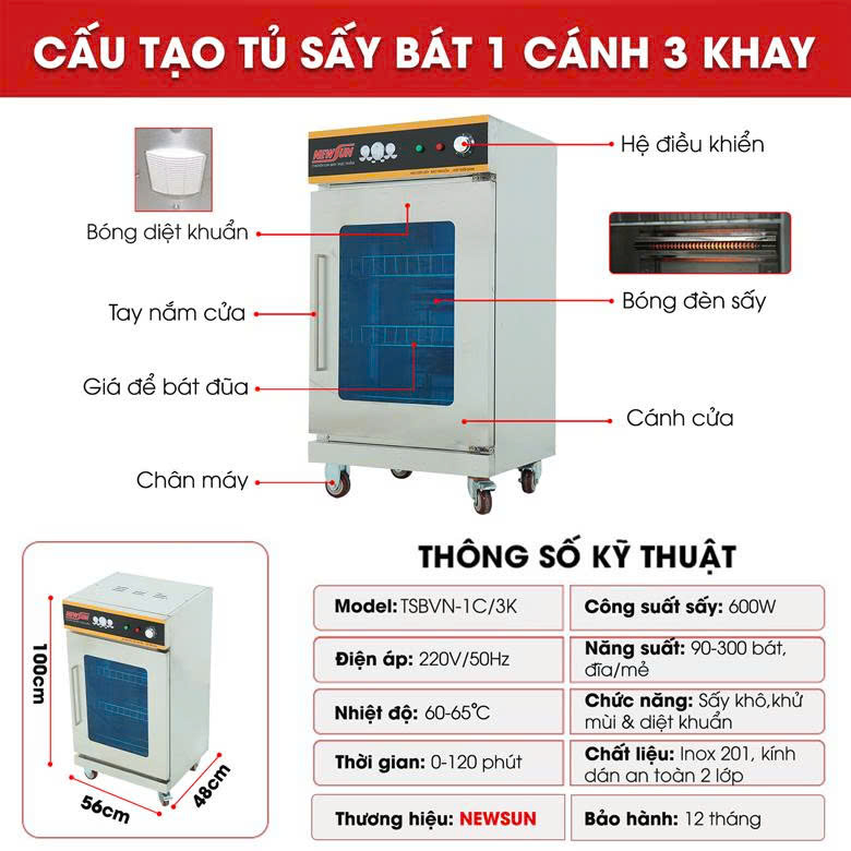 Cấu tạo tủ sấy chén bát 3 khay