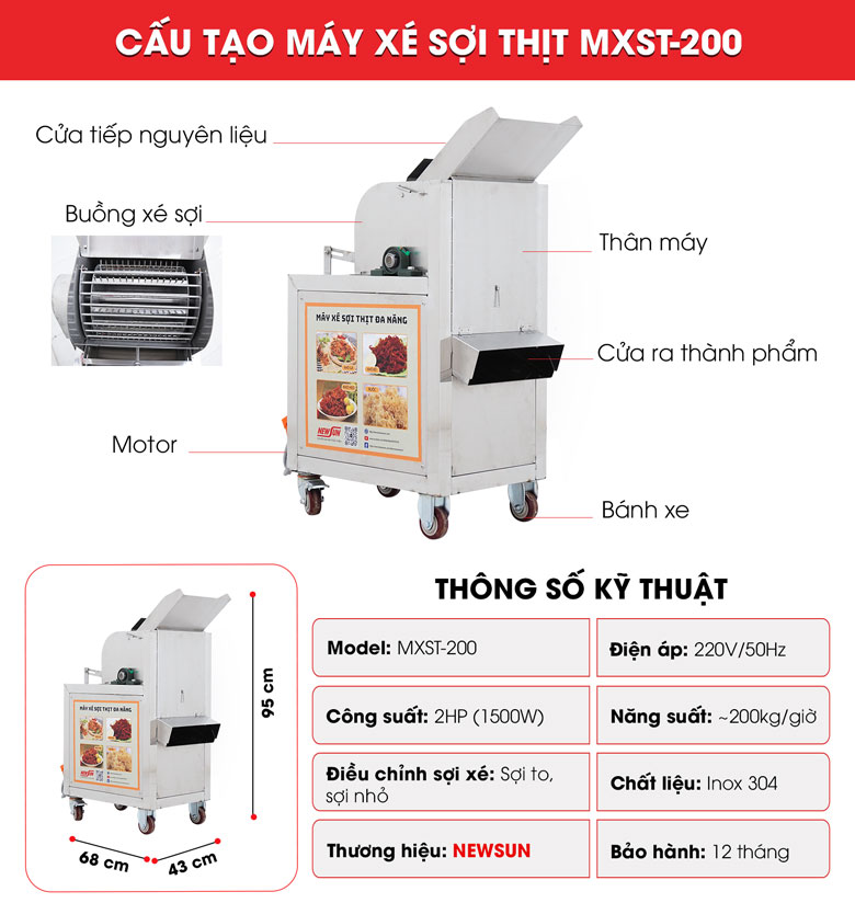 Cấu tạo máy xé thịt gà MXST-200 NEWSUN