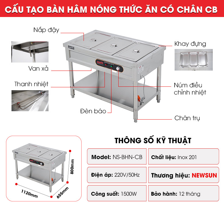 Cấu tạo bàn hâm nóng thức ăn có chân CB