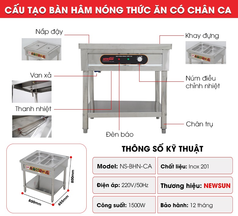 Cấu tạo bàn hâm nóng thức ăn có chân CA