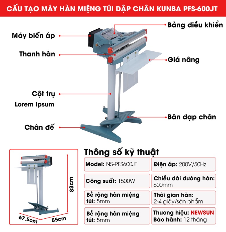 Cấu tạo máy hàn miệng túi dập chân Kunba PFS-600JT