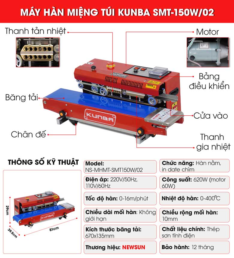 Cấu tạo máy hàn miệng túi Kunba SMT-150W vỏ sơn Cấu tạo máy hàn miệng túi Kunba SMT-150W vỏ sơn