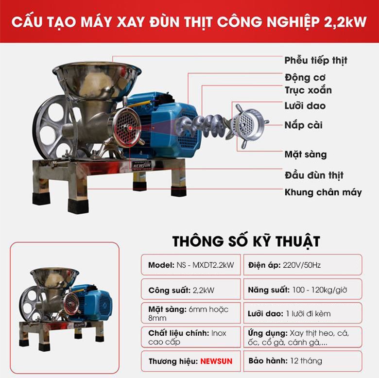 Cấu tạo máy xay đùn thịt công nghiệp 2.2kW Cấu tạo máy xay đùn thịt công nghiệp 2,2kW