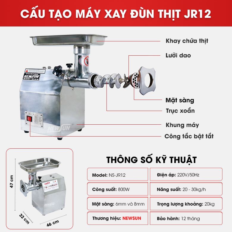 Cấu tạo máy xay thịt công nghiệp JR 12 Cấu tạo máy xay thịt công nghiệp JR 12