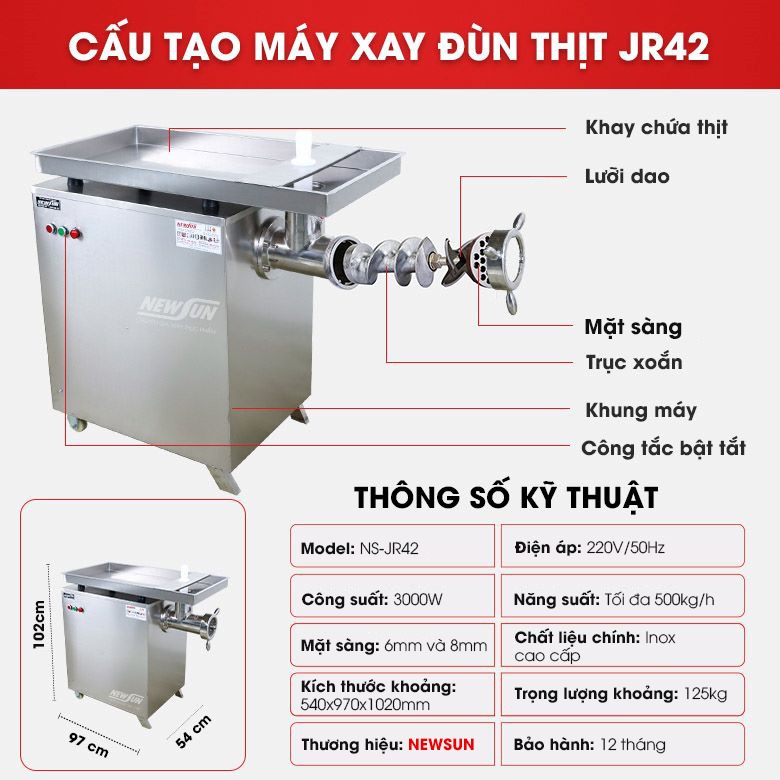 Chi tiết cấu tạo máy xay đùn thịt công nghiệp JR 42 Chi tiết cấu tạo máy xay đùn thịt công nghiệp JR 42
