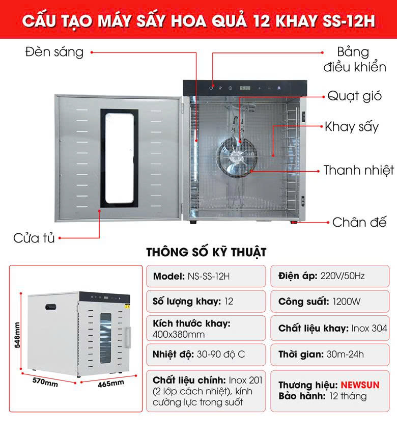 Cấu tạo máy sấy hoa quả SS-12H NEWSUN