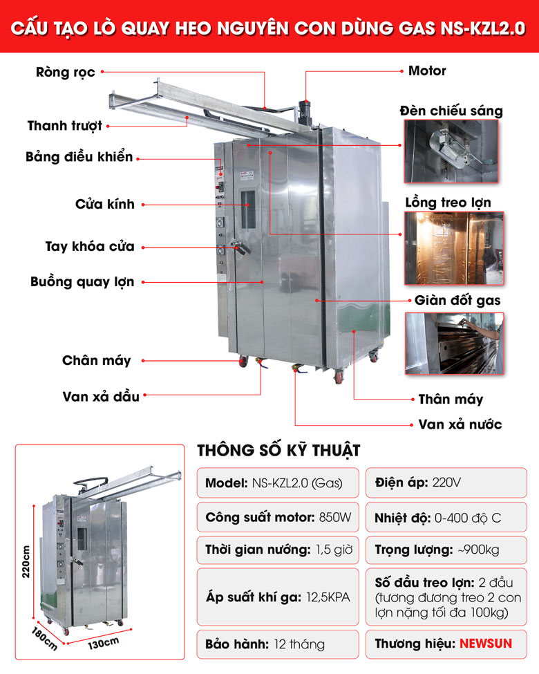 Cấu tạo lò quay heo nguyên con dùng gas NS-KZL2.0