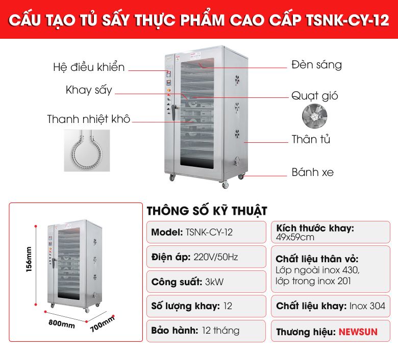 Cấu tạo tủ sấy thực phẩm CY-12 cao cấp