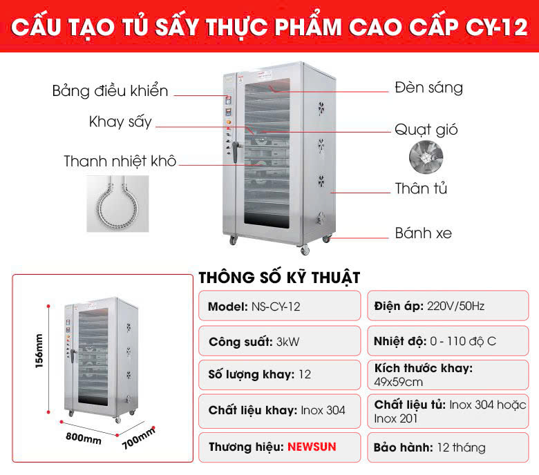 Cấu tạo tủ sấy thực phẩm CY-12 cao cấp Cấu tạo tủ sấy thực phẩm CY-12 cao cấp